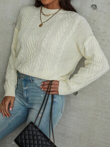 素色麻花編織落肩袖套頭毛衣