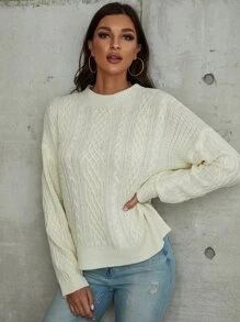 素色麻花編織落肩袖套頭毛衣