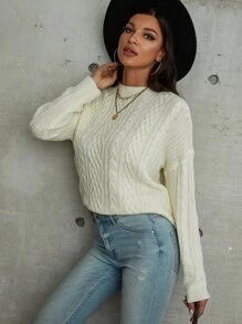 素色麻花編織落肩袖套頭毛衣