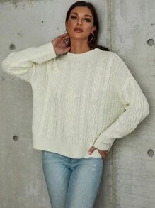 素色麻花編織落肩袖套頭毛衣