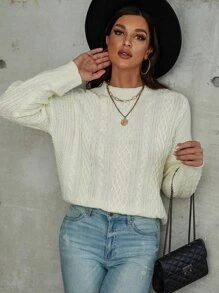素色麻花編織落肩袖套頭毛衣