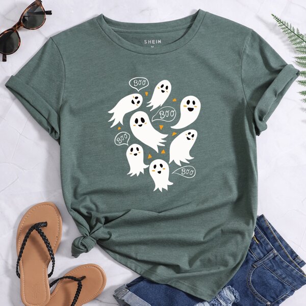 

Ghost & Letter Print Round Neck Tee, Dark green