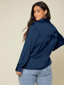 SHEIN BASICS Hơn Áo sơ mi Chất rắn Nút Lên Xa ten - Màu xanh hải quân - Xem 2