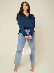 SHEIN BASICS Hơn Áo sơ mi Chất rắn Nút Lên Xa ten - Màu xanh hải quân - Xem 3