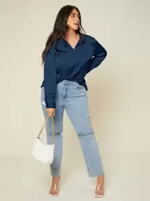SHEIN BASICS Hơn Áo sơ mi Chất rắn Nút Lên Xa ten - Màu xanh hải quân - Xem 4