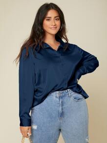 SHEIN BASICS Hơn Áo sơ mi Chất rắn Nút Lên Xa ten - Màu xanh hải quân - Xem 5