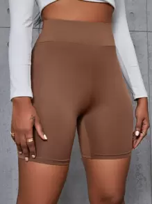 BamGleam Wideband Waist Solid Cycling Shorts - Brown - View 5