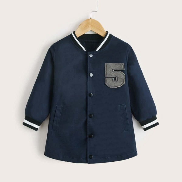 

Toddler Girls Baseball Collar Number Patched Striped Trim Coat, Navy blue