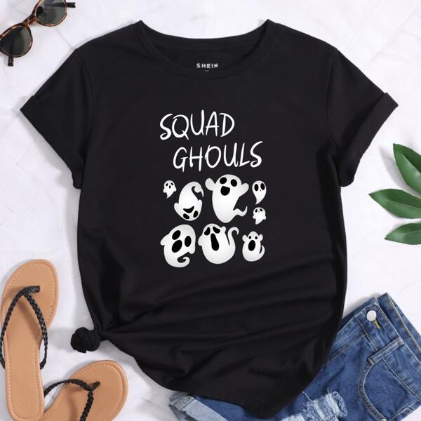 

Ghost & Slogan Print Round Neck Tee, Black