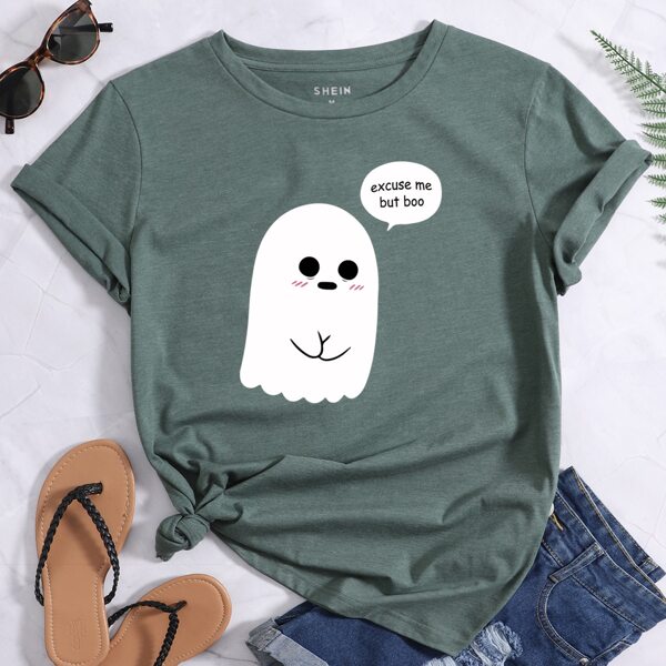

Ghost & Slogan Print Round Neck Tee, Dark green