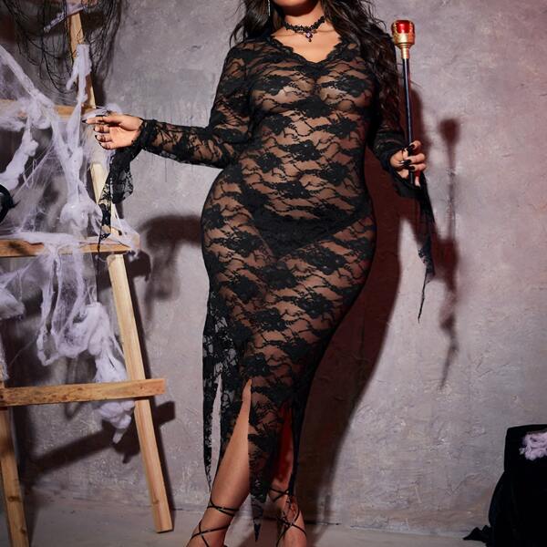 

Plus Floral Lace Dress With Thong, Black