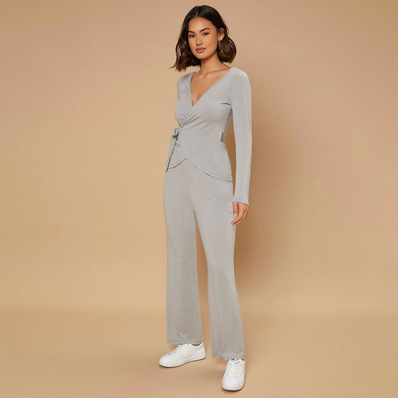 

Ribbed Knit Tie Side Wrap PJ Set, Light grey