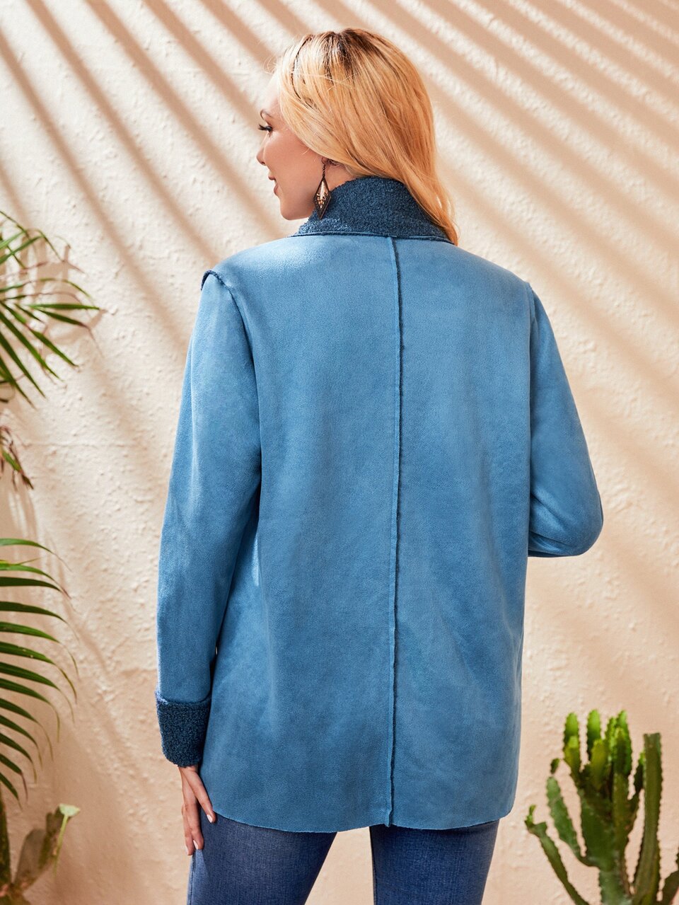 Contrast Trim Open Front Fleece Coat