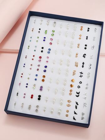 RINTOLER 100 Pairs Assorted Simple Personalized Faux Pearl & Rhinestone Plastic Hypoallergenic Stud Earrings