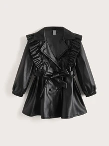 SHEIN Toddler Girls Ruffle Trim Double Breasted Belted PU Leather Coat - Black - View 1