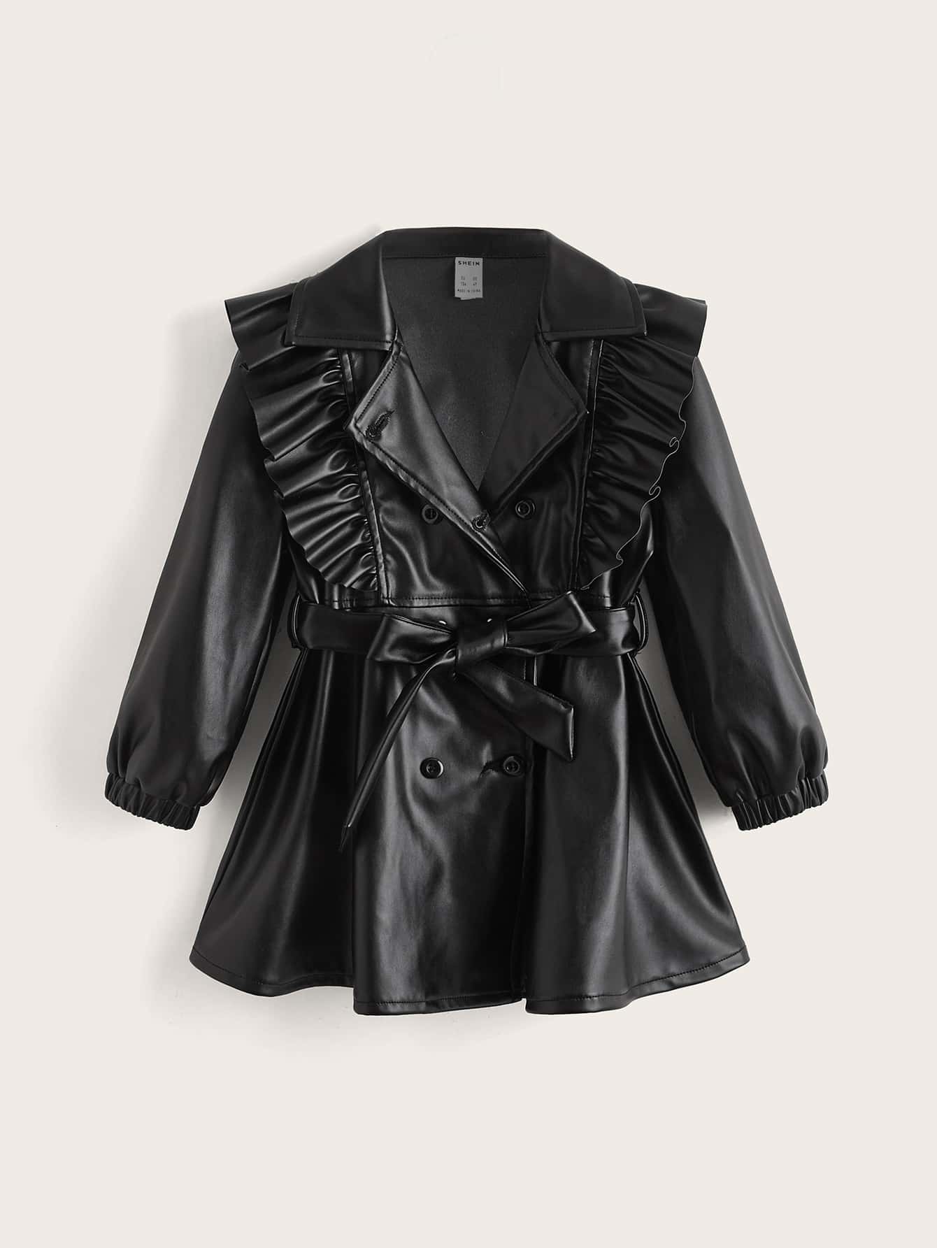 SHEIN Toddler Girls Ruffle Trim Double Breasted Belted PU Leather Coat - Black - View 1