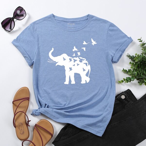 

Elephant & Bird Print Tee, Blue