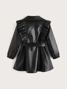 SHEIN Toddler Girls Ruffle Trim Double Breasted Belted PU Leather Coat - Black - View 2