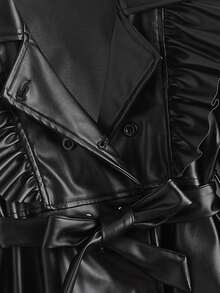 SHEIN Toddler Girls Ruffle Trim Double Breasted Belted PU Leather Coat - Black - View 3