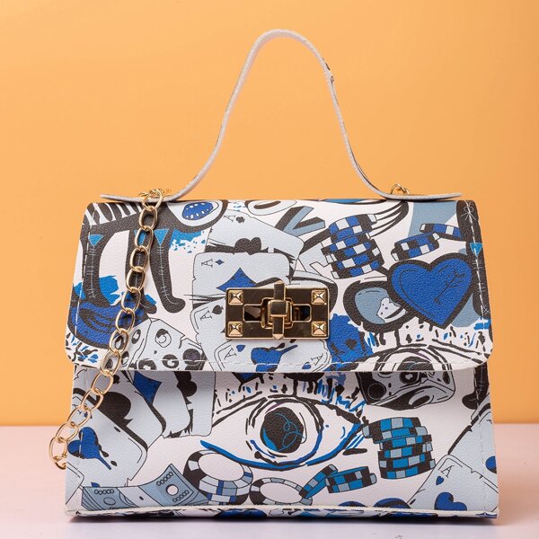 

Pop Graphic Toggle Lock Chain Satchel Bag, Multicolor