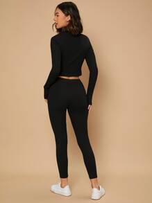 Mulvari Zipper Half Placket Tee And Leggings Set - Black - View 2