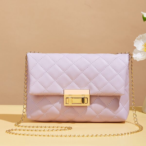 

Minimalist Quilted Metal Lock Chain Crossbody Bag, Purple