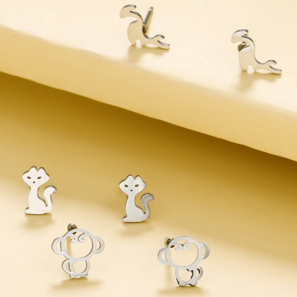 

3pairs Animal Stud Earrings, Silver