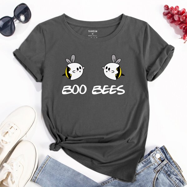 

Bee & Letter Print Round Neck Tee, Dark grey
