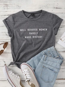 SHEIN LUNE Slogan Graphic Crew Neck Tee - Grey - View 1