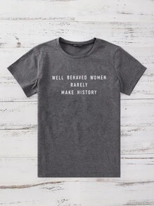 SHEIN LUNE Slogan Graphic Crew Neck Tee - Grey - View 4