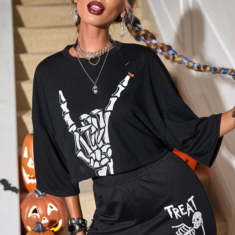 

Skeleton Hand Print Drop Shoulder Tee, Black