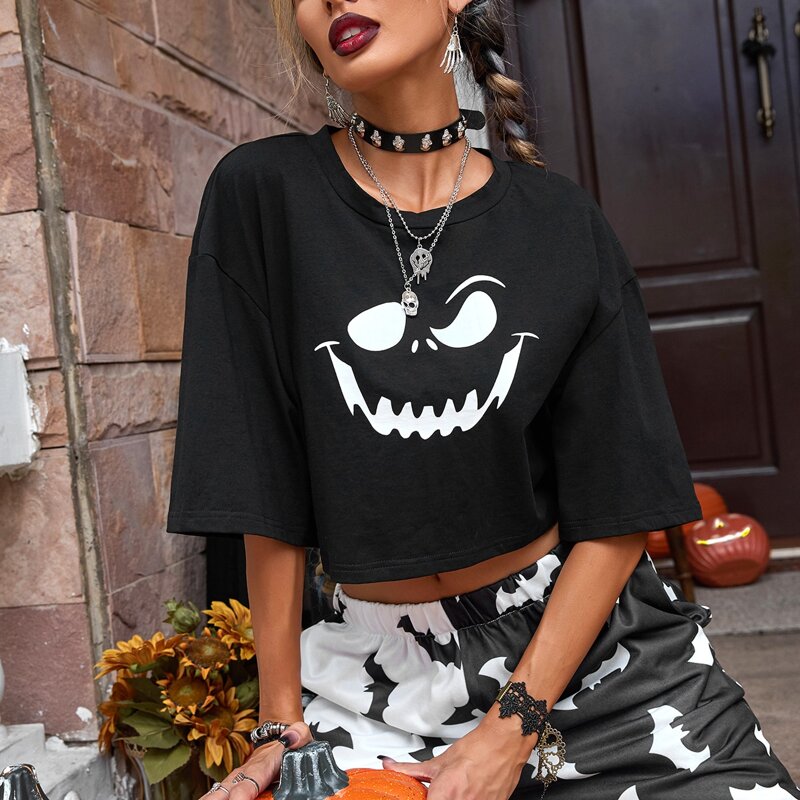 

Ghost Print Drop Shoulder Crop Tee, Black
