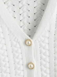 SHEIN EZwear 珍珠前紐扣貝殼邊開襟衫 - 白色 - 查看 3