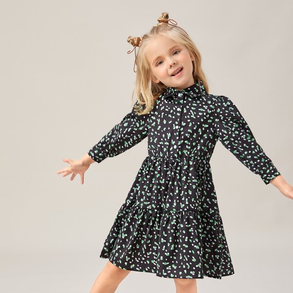 

Toddler Girls Allover Print Puff Sleeve Ruffle Hem Dress, Multicolor