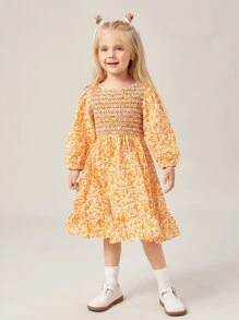 SHEIN Đầm bé gái Nút Dải chun Hoa Tất cả trên in Boho - Nhiều màu - Xem 1