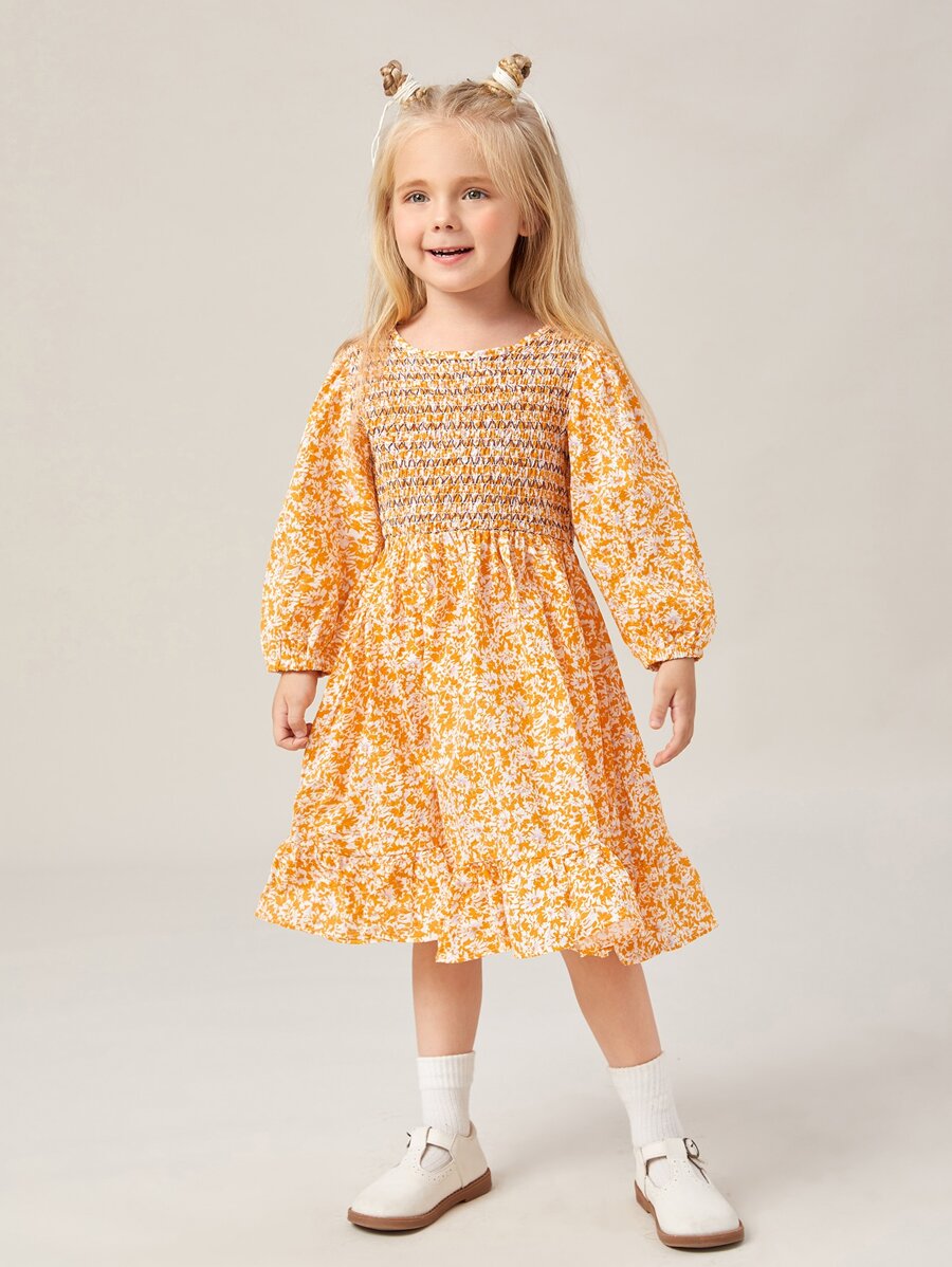 SHEIN Đầm bé gái Nút Dải chun Hoa Tất cả trên in Boho - Nhiều màu - Xem 1