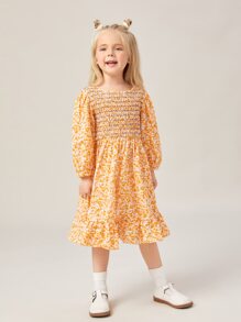 SHEIN Đầm bé gái Nút Dải chun Hoa Tất cả trên in Boho - Nhiều màu - Xem 3