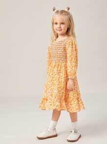 SHEIN Đầm bé gái Nút Dải chun Hoa Tất cả trên in Boho - Nhiều màu - Xem 5