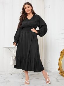 Plus Shirred Waist Flounce Sleeve Ruffle Hem Dress