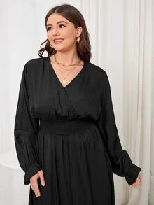 Plus Shirred Waist Flounce Sleeve Ruffle Hem Dress