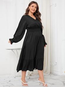 Plus Shirred Waist Flounce Sleeve Ruffle Hem Dress