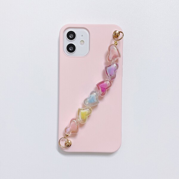 

Plain Phone Case With Heart Decor Hand Strap, Pink