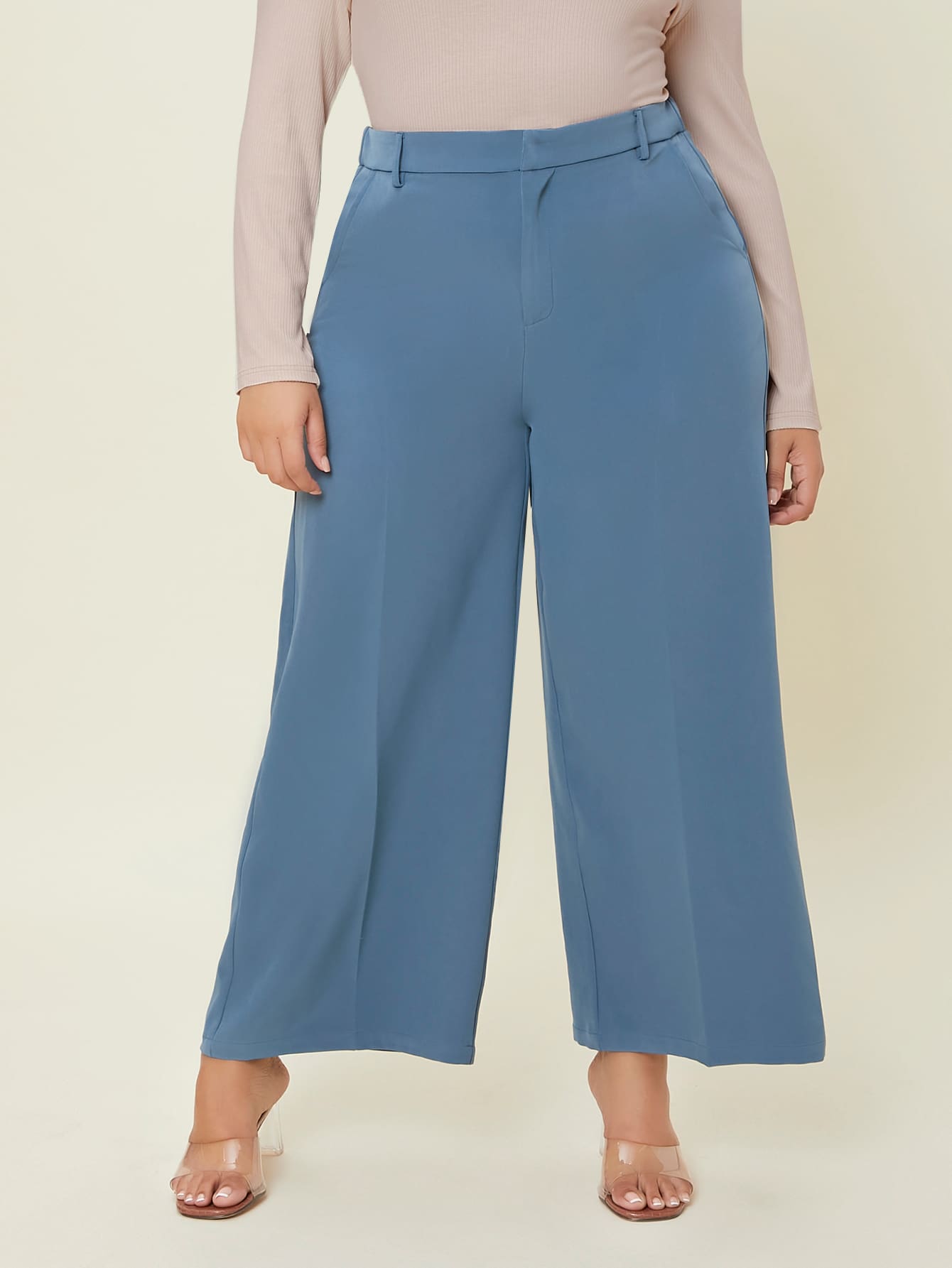 SHEIN Quần Plus Size Túi Dây kéo màu trơn Thanh lịch - Màu xanh lam - Xem 1