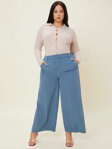 SHEIN Quần Plus Size Túi Dây kéo màu trơn Thanh lịch - Màu xanh lam - Xem 5