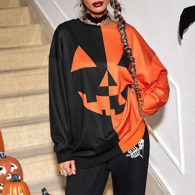 

Halloween Pumpkin Print Two Tone Pullover, Multicolor