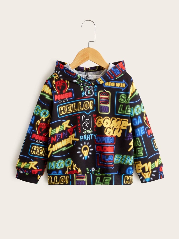 SHEIN 男童字母图案印花卫衣 - 黑色 - 查看 1