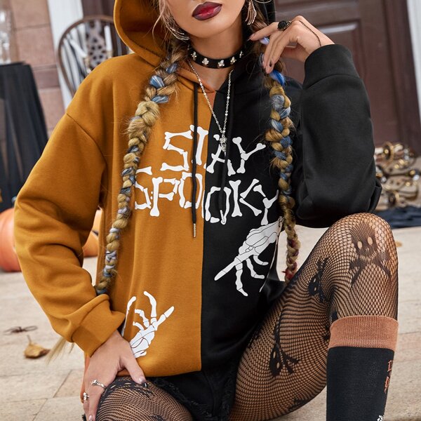 

Skeleton And Letter Graphic Color Block Drawstring Hoodie, Multicolor