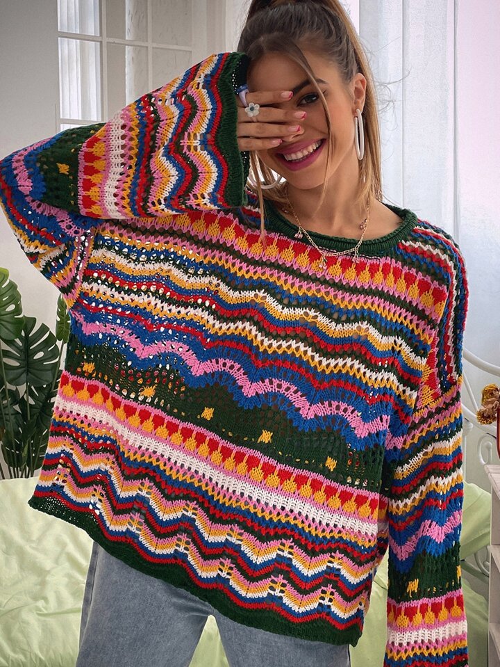Flirla Chevron Pattern Open Knit Colorblock Drop Shoulder