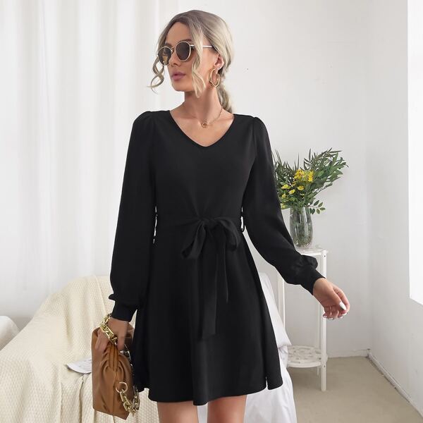 

Solid Bishop Sleeve Belted Dress, Black