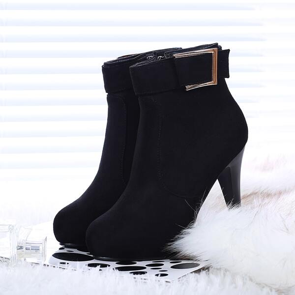 

Suede Buckle Detail Heeled Boots, Black